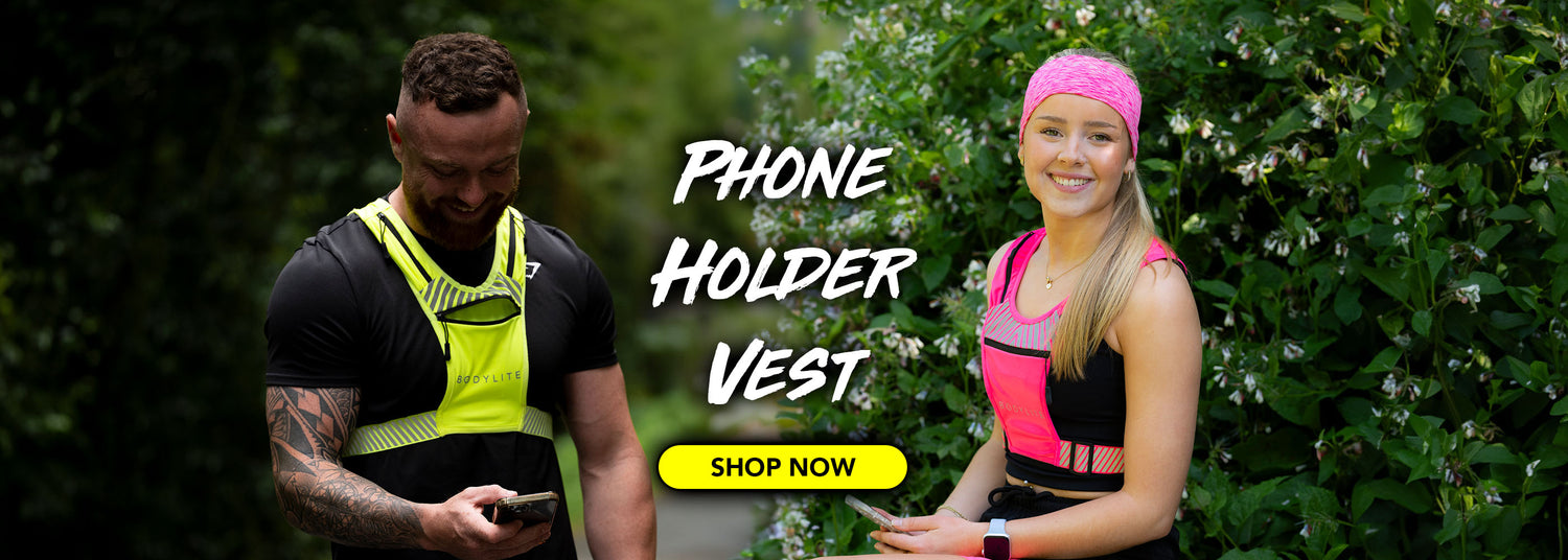 Two people wearing phone holder vests with text 'Phone Holder Vest' and 'Shop Now'.