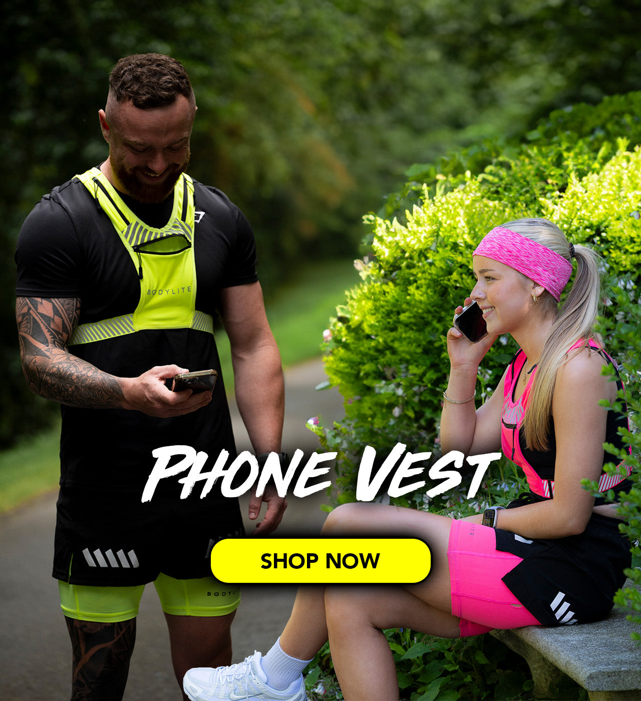 Two people wearing phone vests in a park setting with text 'Phone Vest' and 'Shop Now'.