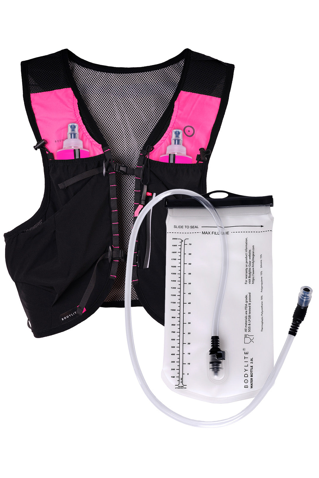 Black hydration vest with pink accents and a clear water bladder on a white background