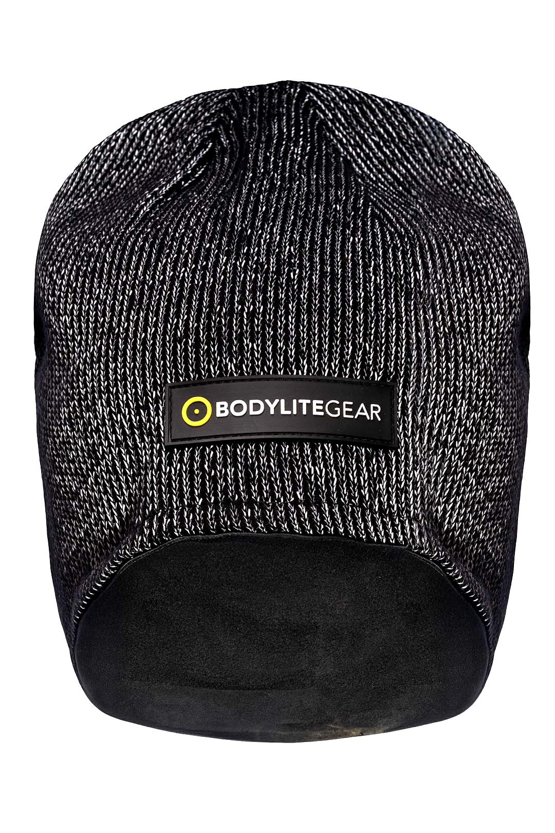 Black knit beanie with BodyliteGear logo on a white background