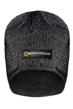 Black knit beanie with BodyliteGear logo on a white background