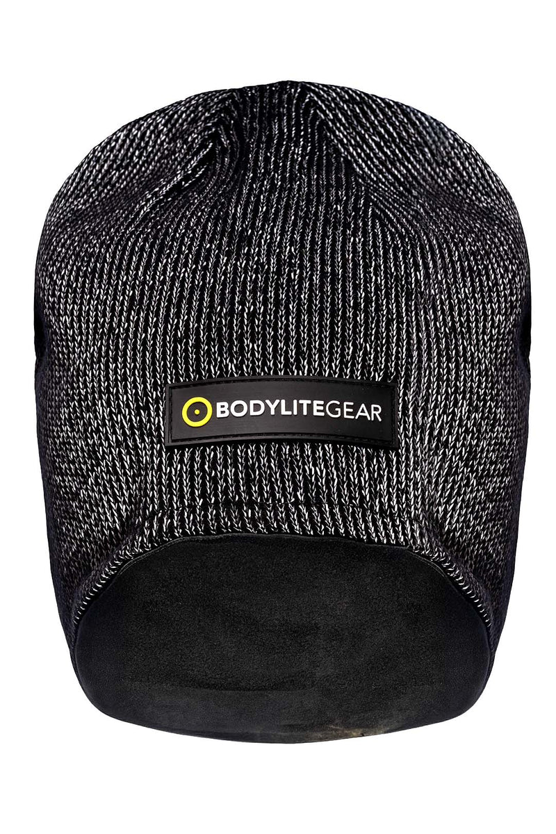 Black knit beanie with BodyliteGear logo on a white background