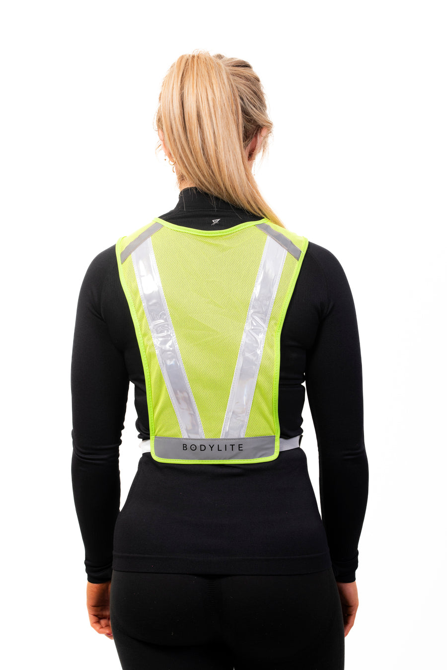 the rear view of the LED light refelctive vest neon green