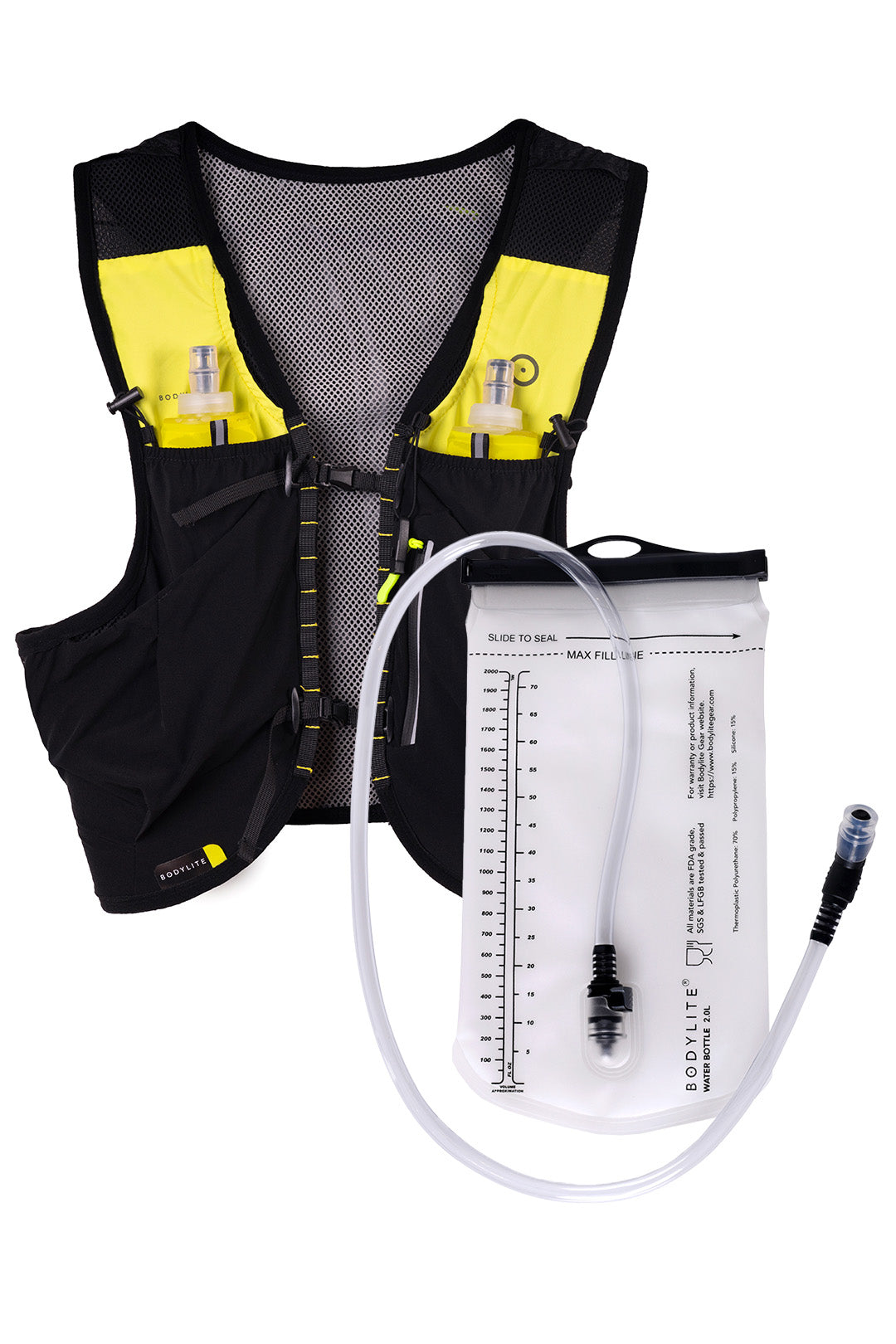 Black and yellow hydration vest with a water bladder on a white background
