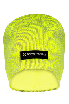 Yellow beanie with BodyLiteGear logo on a white background