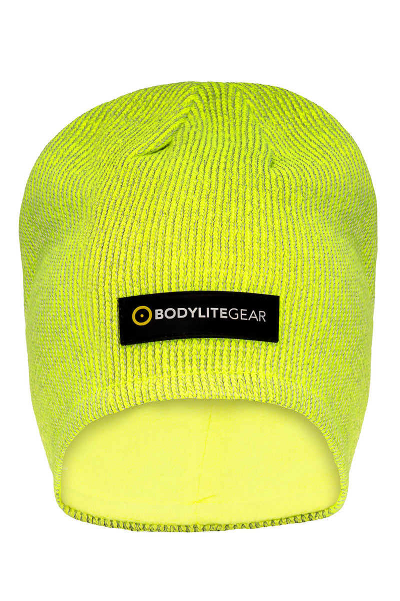 Yellow beanie with BodyLiteGear logo on a white background